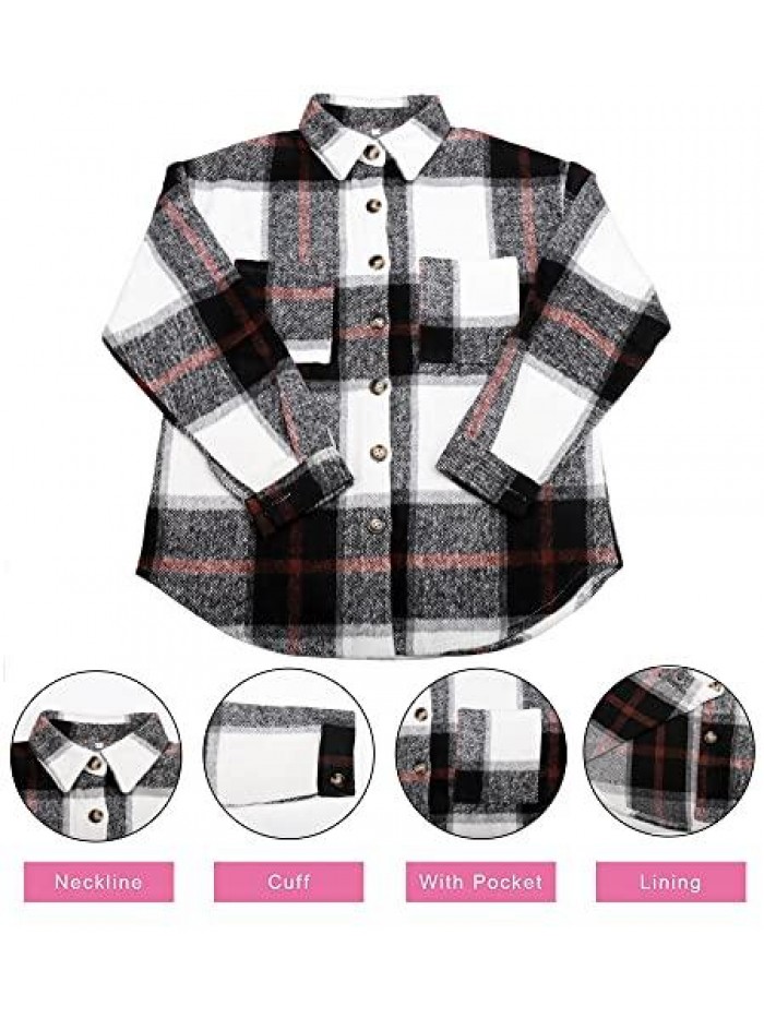 Casual Plaid Brushed Flannel Button Down Pocketed Shirt Jacket Shackets Coats 