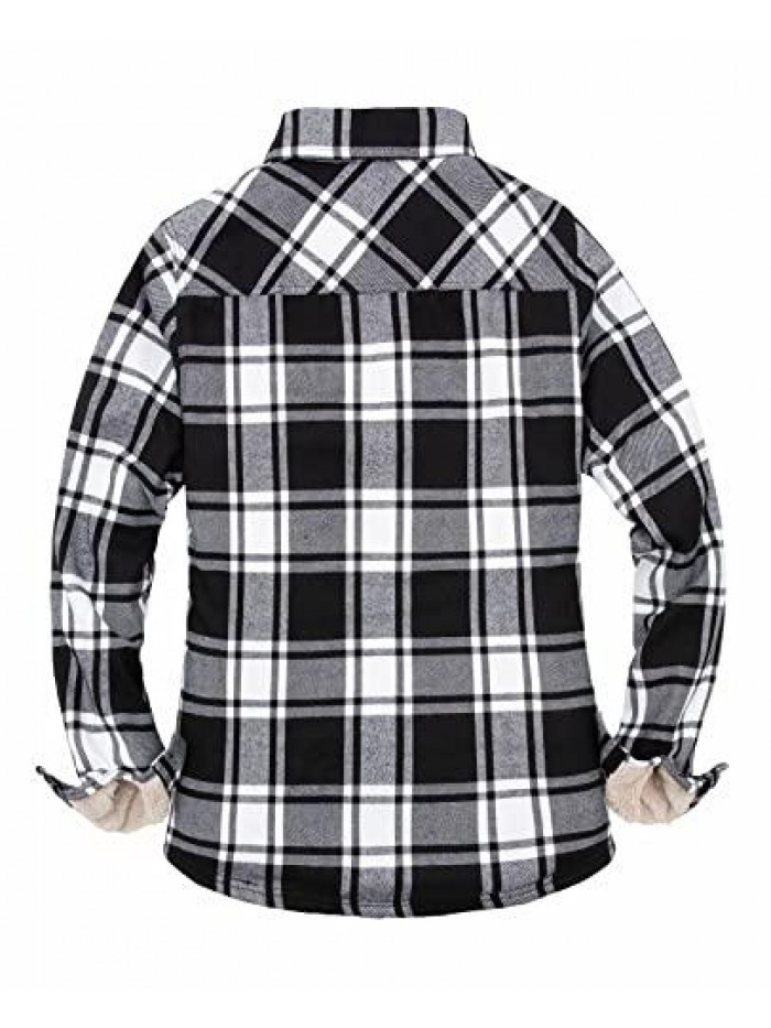 Womens Sherpa Lined Flannel Jacket with Hand Pockets, Plaid Button Down Fuzzy Shirt Jackets 