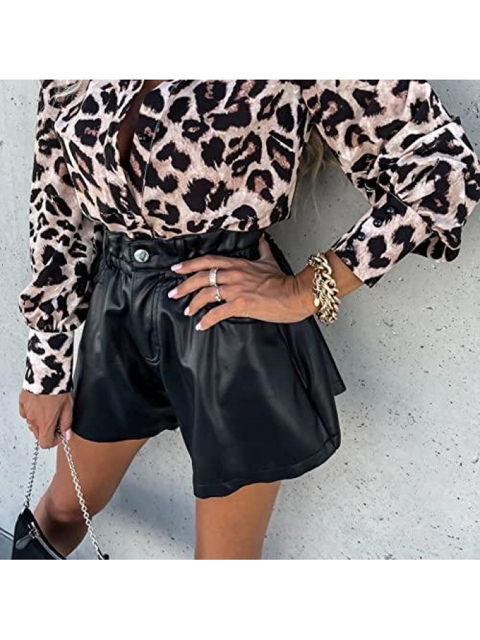 Waist Button PU Shorts Fall Winter Fashion Women Faux Leather Flared Shorts Casual Office Lady Loose Bottoms 