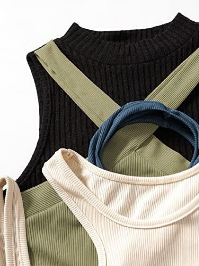 Women's Casual 4 Pieces Solid Ribbed Knit Crop Tank Tops Vest Pack 