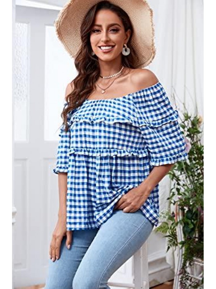 NINOS Womens Tops Crew Neck/Off The Shoulder 2 in 1 Loose Casual Blouse Short Sleeve Plaid Ruffles T-Shirt 