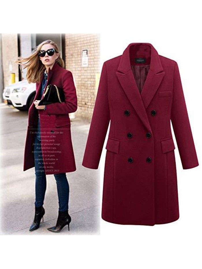 Women's Notched Lapel Wool Coat Double Breasted Long Trench Jacket Winter Pea Coat with Cashmere Scarf 