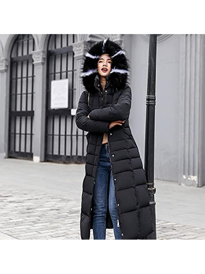 Size Women Long Puffer Jacket Faux Fur Hooded Padded Quilted Down Coat Womens Snap Wrap Warm Maxi Jackets with Belt 