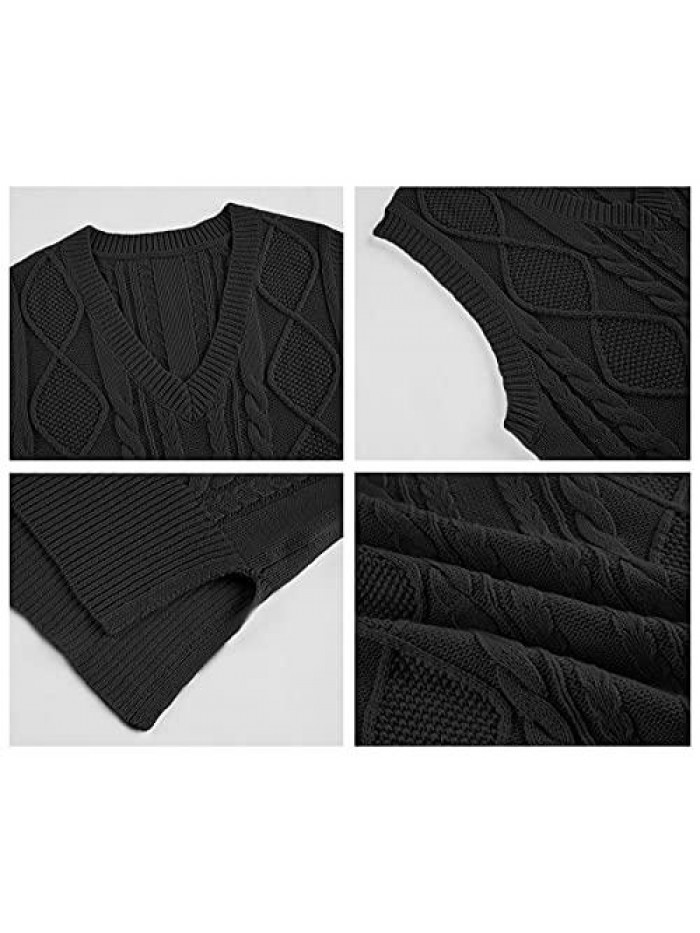 V Neck Sleeveless Crop Sweater Vest Cable Knitted Side Slit Pullover Jumper Tops 