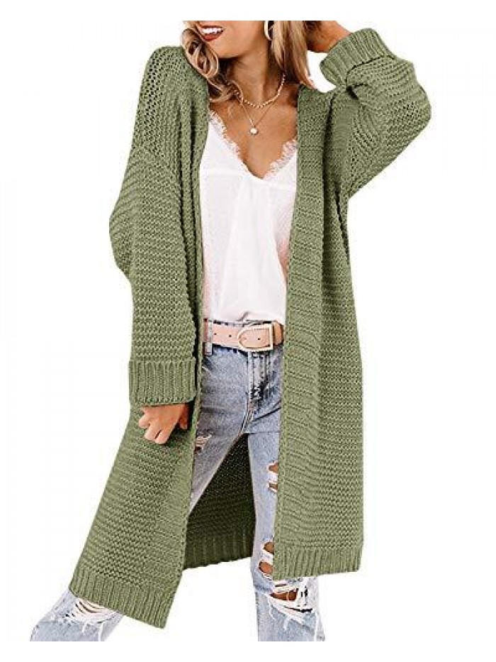 Plus Size Open Front Chunky Knit Long Cardigans Long Sleeve Tie Waist Casual Loose Sweaters 