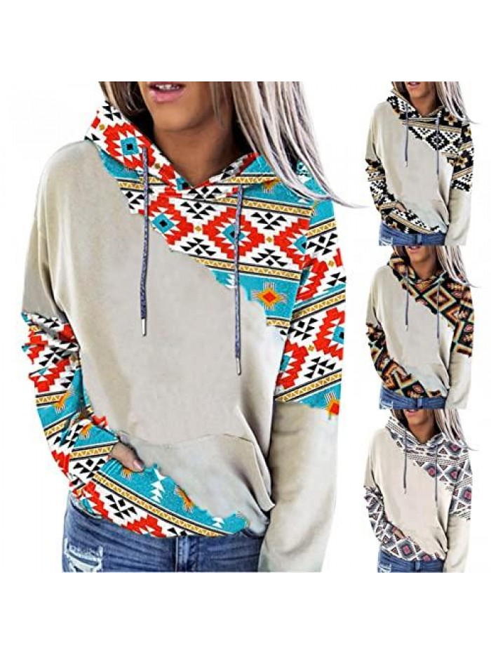 for Women, Women's Western Ethnic Print Sweatshirt Long Sleeve Aztec Print Vintage Hooded Sweater Pullover Shirt 