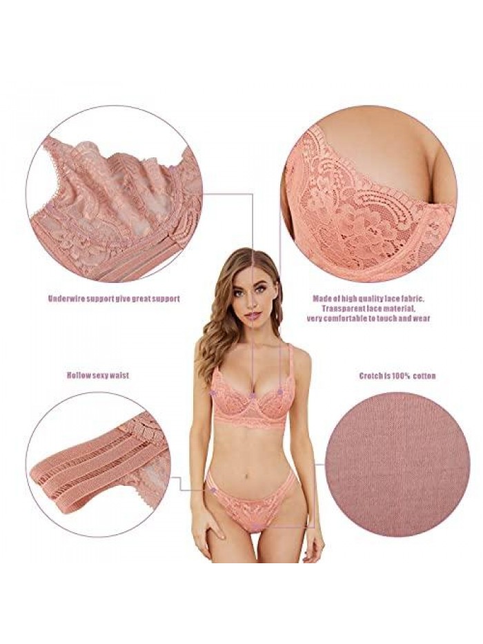 Sexy Soft Lace Lingerie Set See Through Underwear Floral Lace Underwire Sheer Bra and Panty Set 