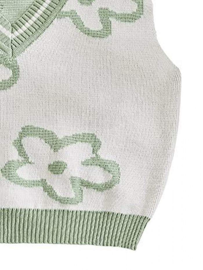 Women's Floral Crop Sweater Vest Preppy Style V Neck Tank Tops Knitwear 