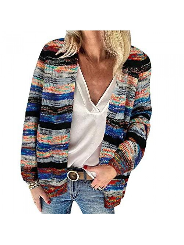 Women's Long Sleeve Rainbow Stripe Color Block Cardigan Sweaters Colorful Open Front Cardigan Outwear with Pockets 