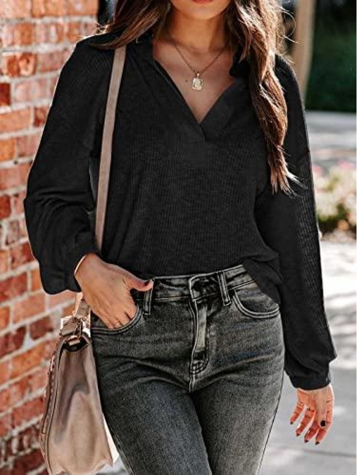 Women’s Long Sleeve Split V Neck Ribbed Collared Tops Casual Loose Polo T Shirts Blouse 