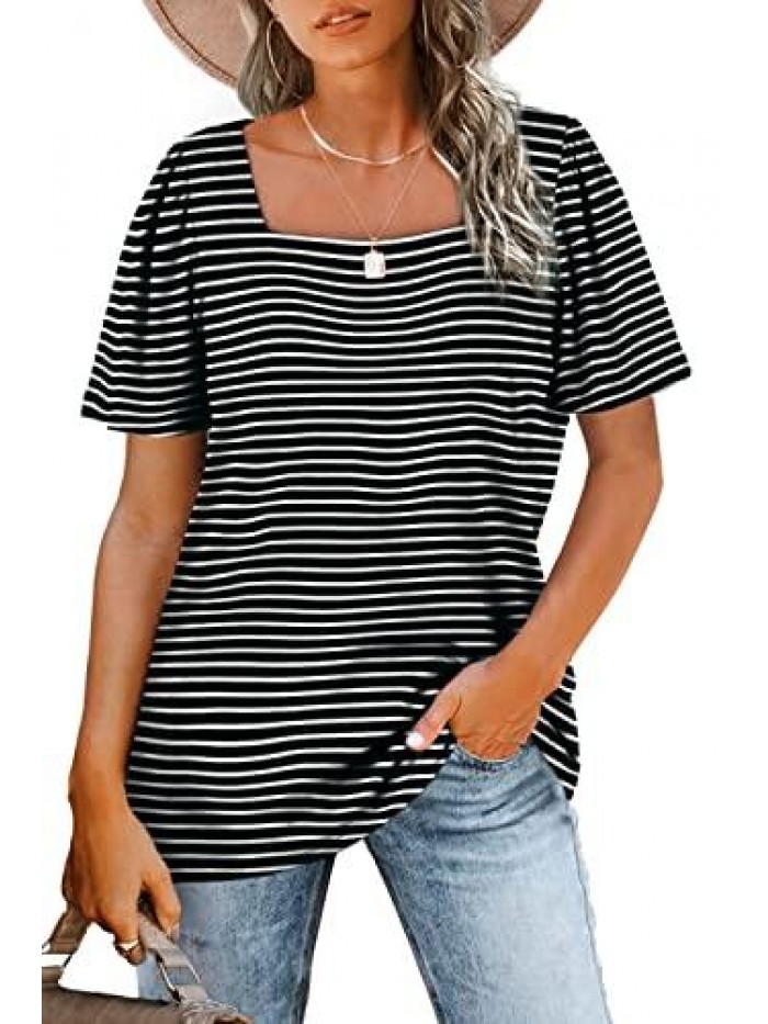 Womens Tops Casual Square Neck Puff Sleeve T Shirts Loose Fit 
