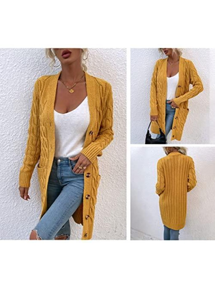 Womens Open Front Sweaters Solid Color Long Sleeve Cable Knit Long Cardigan Button Pockets Sweater Outerwear 