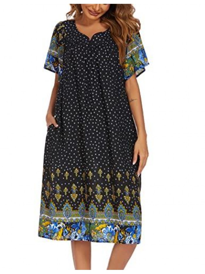Womens Nightgown Short Sleeve House Dress with Pockets-Floral Print Mumu Dress S-XXXL 