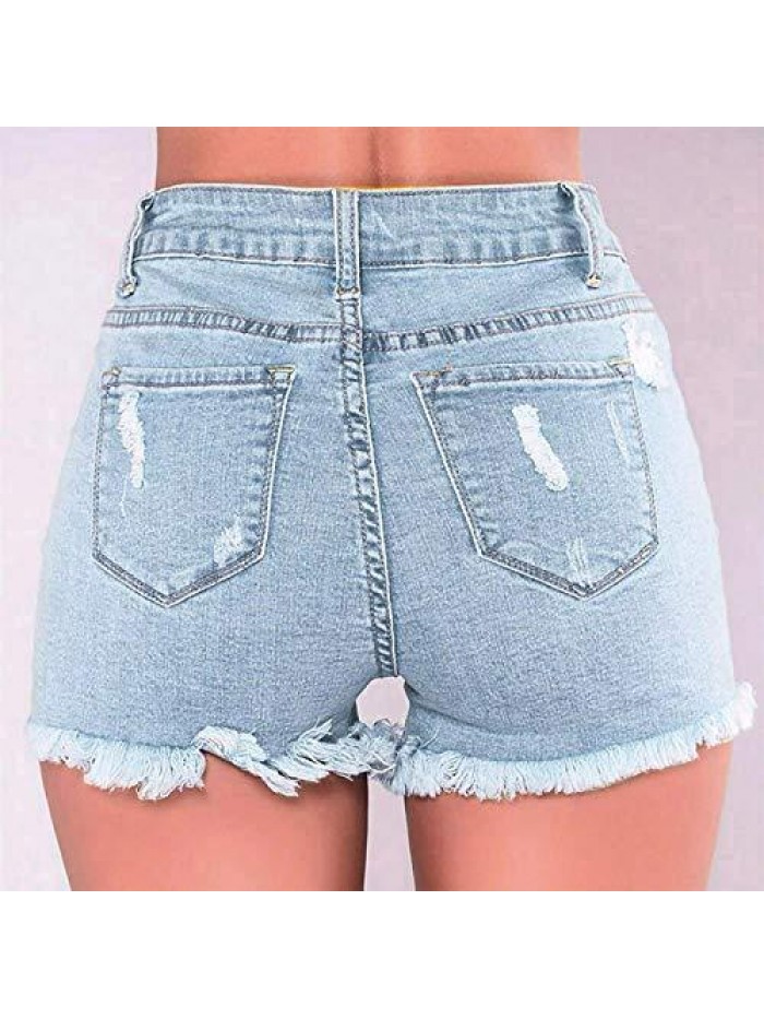 Women's Ripped Denim Jean Shorts High Waisted Stretchy Distressed Short Jeans Button Fly Raw Hem Denim Shorts 