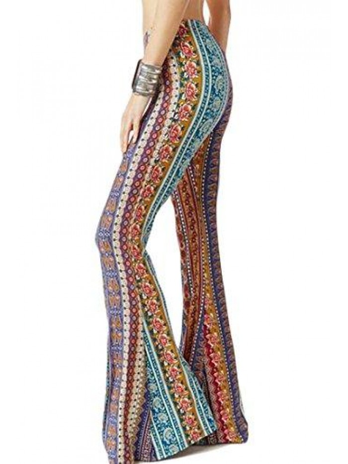 Women's Print Stretch Bell Bottom Flare Palazzo Pants Trousers 