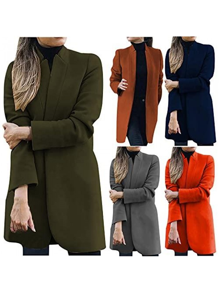 Women's Woolen Coat Autumn and Winter Long Sleeve Lapel Trench Mid Length Button Jacket Casual Solid Slim Fit Pea Coats 