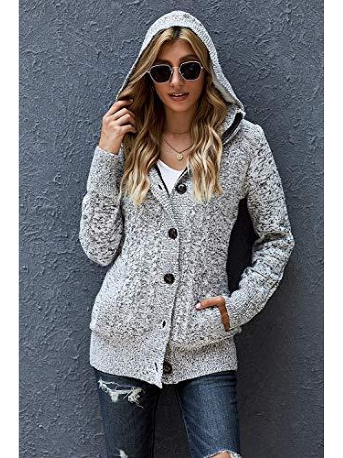 Women Hooded Knit Cardigans Button Cable Sweater Coat 