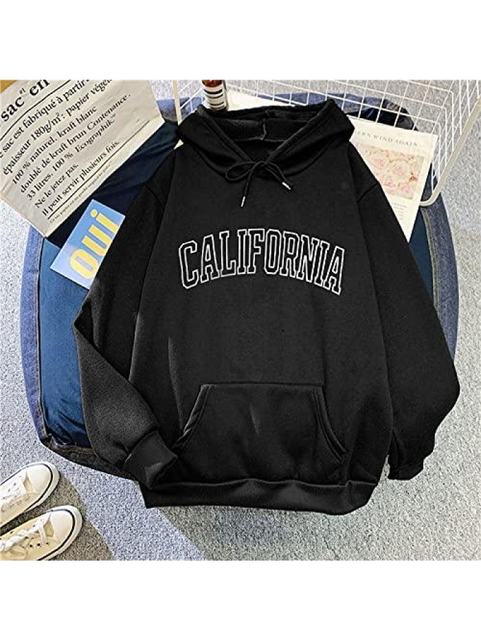 California Letter Print Hooded Sweatshirt Hoodies for Women Long Sleeve Pocket Pullover Trendy Plus Size Oversized Tops 