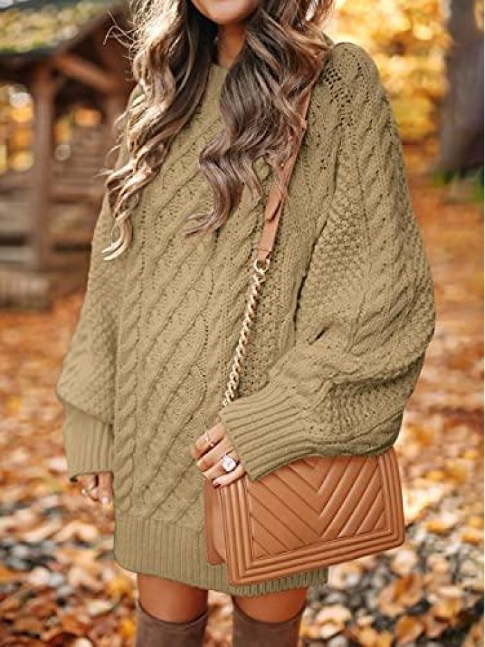 Women Crewneck Long Sleeve Oversized Cable Knit Chunky Pullover Short Sweater Dresses 