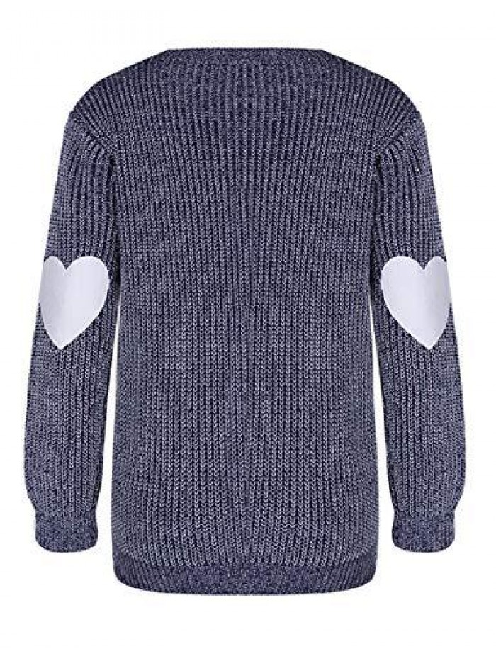 Women's Cute Heart Pattern Elbow Patchwork Casual Crewneck Knitted Sweaters Pullover 