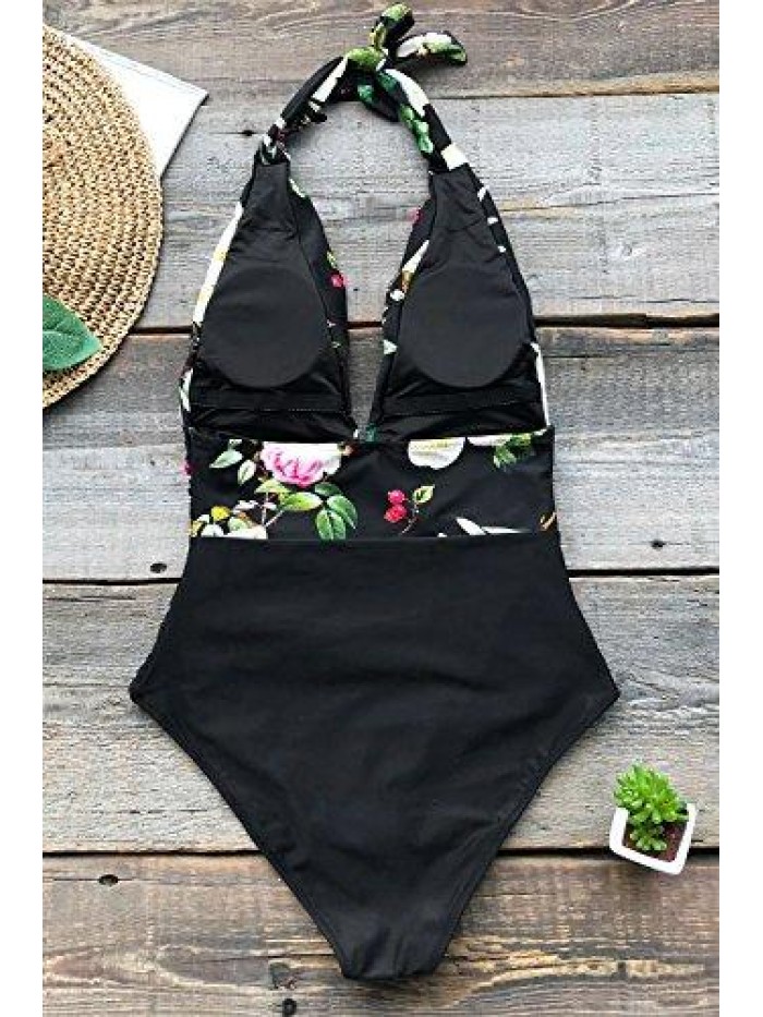 Women's One Piece Swimsuit Halter Plunge Neck Ruched Tummy Control Bathing Suits 
