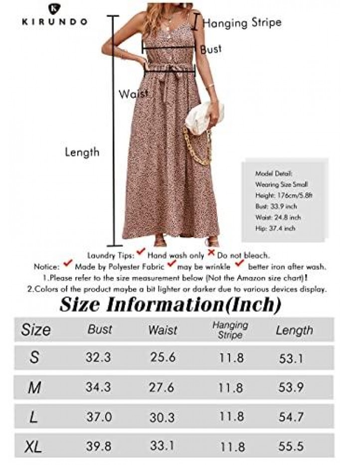 Women's Summer Spaghetti Straps V Neck Leopard Long Dress Button Down Sleeveless Split Flowy Maxi Dress with Belt 