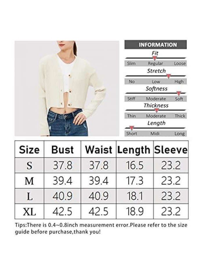 Women's Long Sleeve Cropped Cardigan V Neck Solid Button Down Knit Bolero Shrugs 