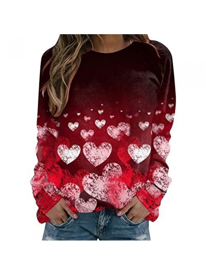 Heart Print Valentine's Day Sweatshirt Love Letter Long Sleeve Crewneck Shirt Cute Casual Loose Pullover  