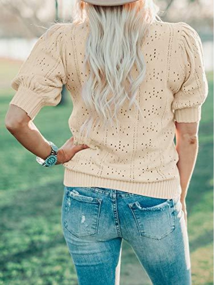 Womens Cute Short Puff Sleeve Sweaters Loose Crew Neck Lightweight Pointelle Knit Pullover Shirts Tops 