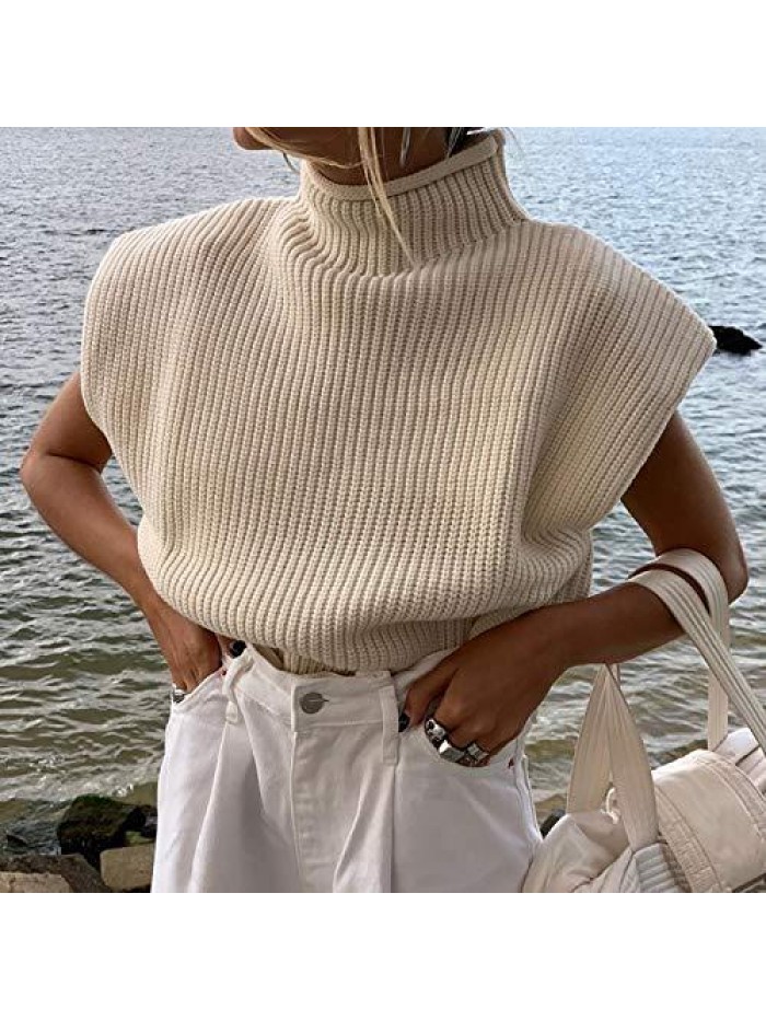 Women’s Knit Sweater Vest Turtleneck Sleeveless Knitted Tank Tops Shoulder Pads Fall Winter Knitwear Shirts Streetwear 