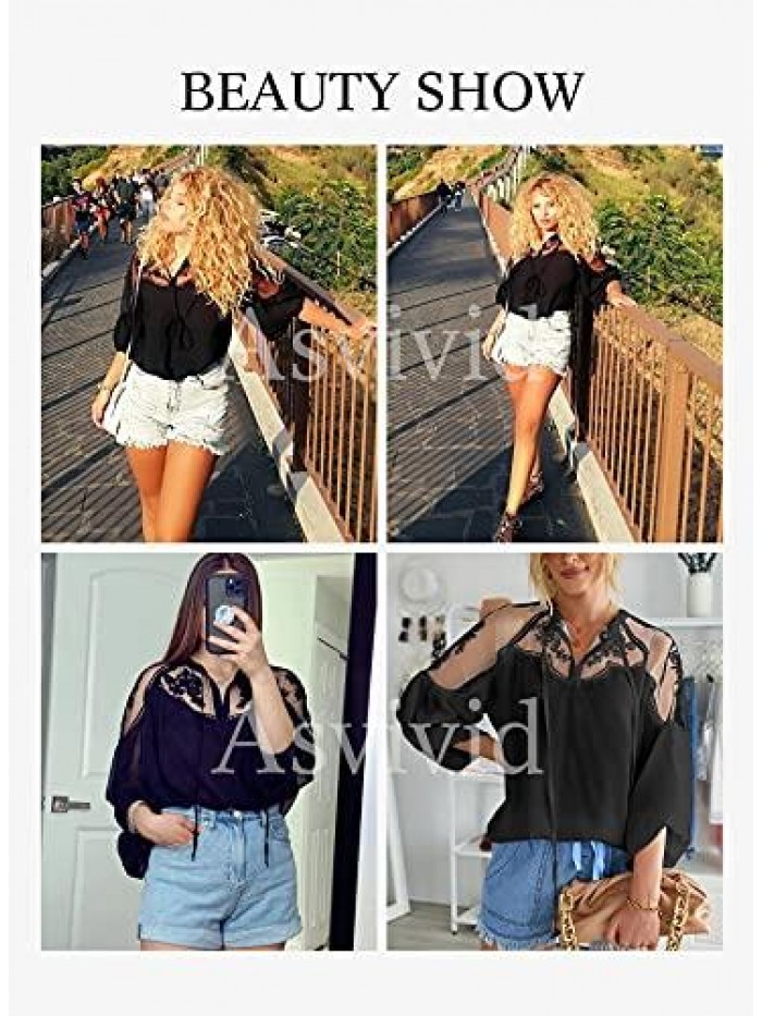 V Neck Crochet Lace Tops for Women Casual Loose Puff Sleeve Shirts Flowy Chiffon Blouses 