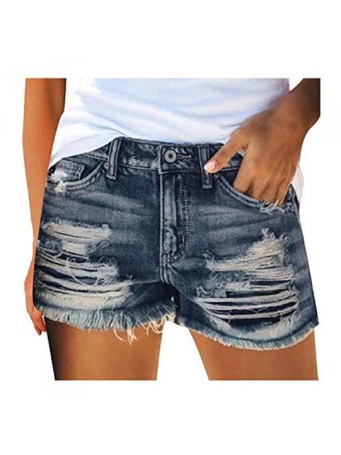 Shorts for Women Distressed Ripped Jean Shorts Stretchy Frayed Raw Hem Hot Short Jeans with Pockets 