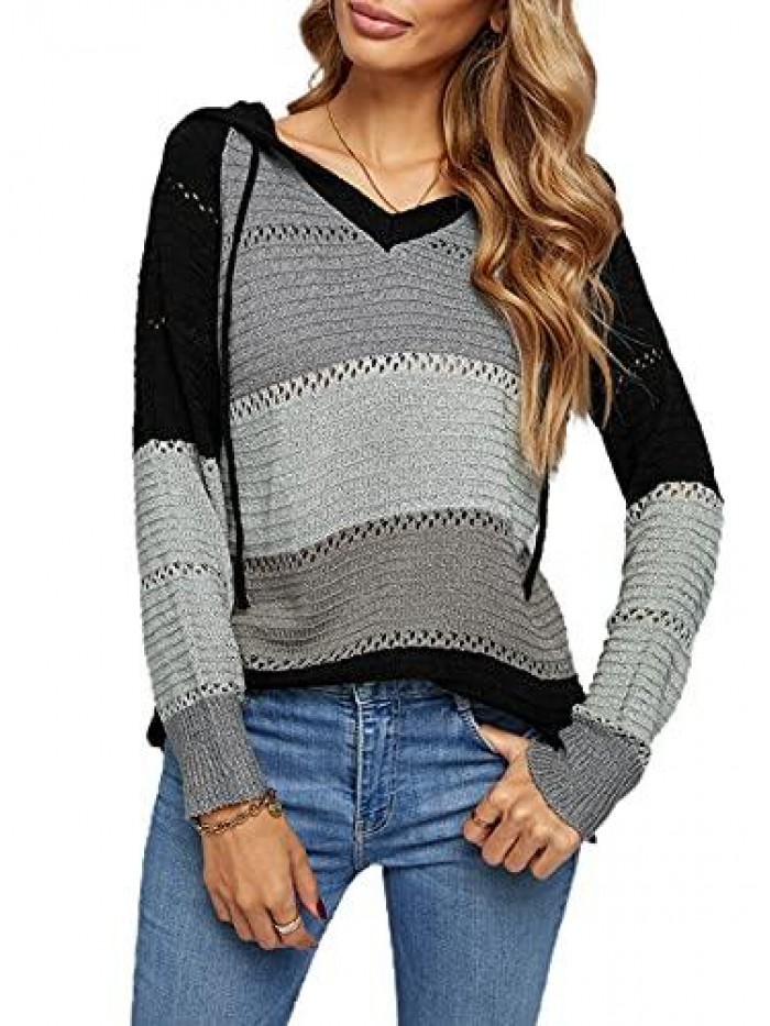 FEKOAFE Womens Striped Color Block Hoodies Fashion V Neck Knit Sweater Pullovers