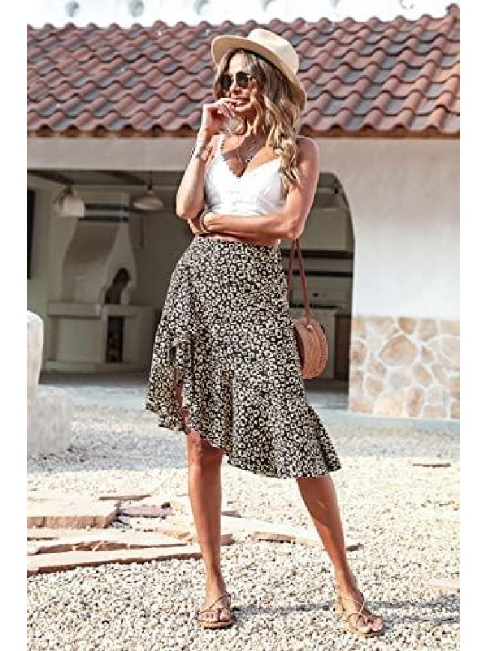Women's Chiffon Leopard Print High Waist Ruffle Pleated Skirt Floral Asymmetrical Midi Skirt Dress 