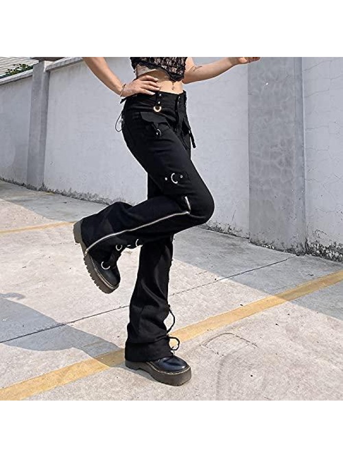 Women Gothic Cargo Pants Wide Straight Leg Low Waist Loose Goth Punk Trousers Harajuku Streetwear 