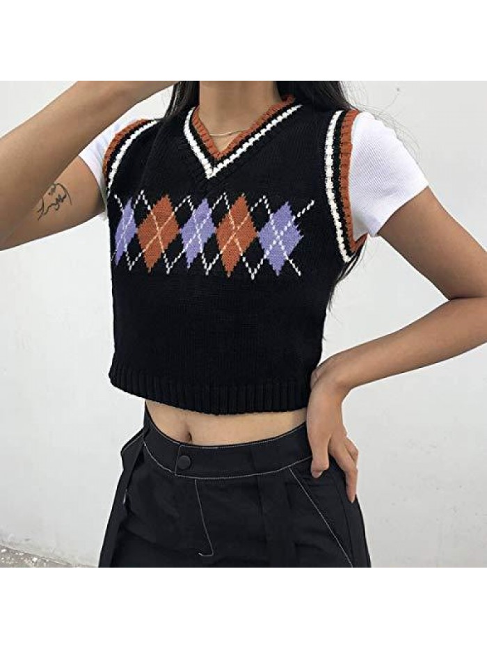 Sleeveless Knitted Sweater Vest Streetwear Preppy Style Knitwear V Neck Argyle Plaid Tank Top 