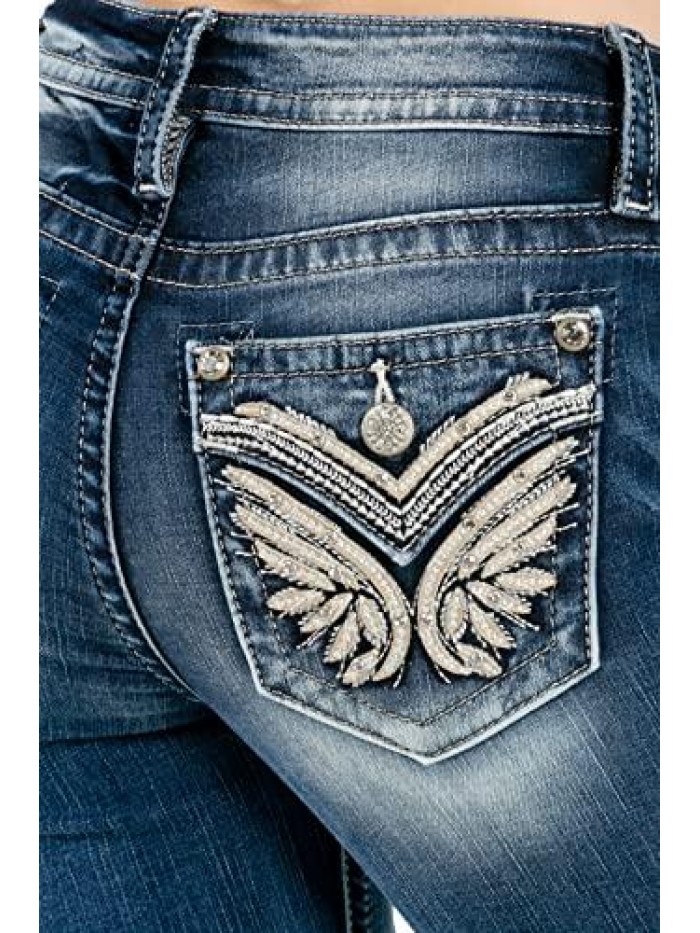 Me Women's Mid-Rise Skinny Jeans with Embellished Wing Designs on Faux Flap Pockets 