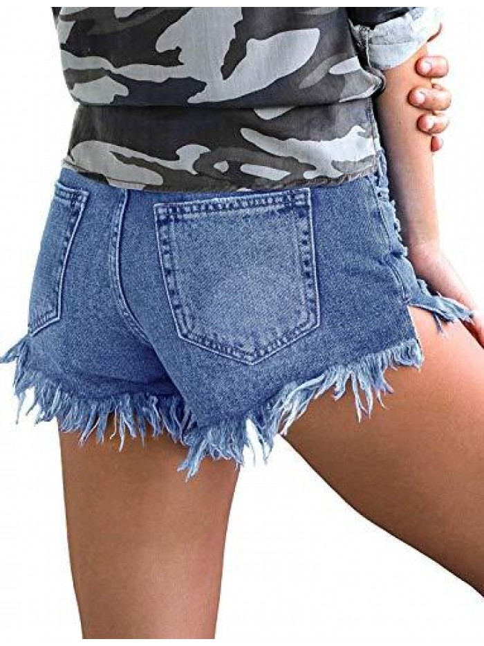 Women's Summer Ripped Raw Cut Hem Distressed Stretchy Denim Jean Shorts 