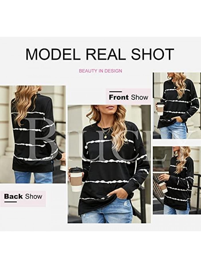 Womens Casual Crewneck Tie Dye Sweatshirt Striped Printed Loose Soft Long Sleeve Pullover Tops Shirts 