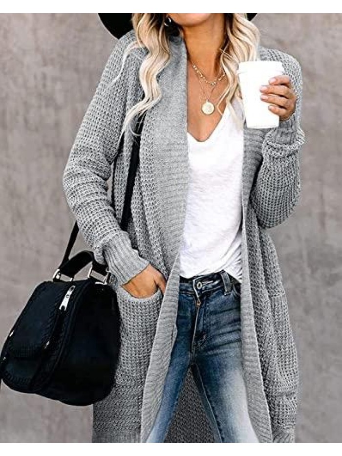 Women's Long Sleeve Open Front Cardigan Sweater Lightweight Waffle Knit Loose Draped Outerwear Coat with Pockets 