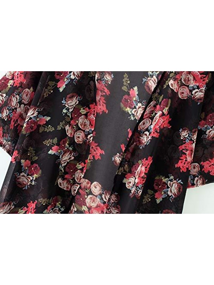 Women's Cardigan-Sheer Kimono Loose Summer Floral Print Cover Ups 