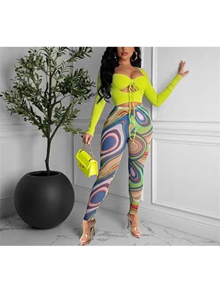 Two Piece Outfits for Women Clubwear Long Sleeve Bandeau Crop Tops Bodycon Mesh Jumpsuit Party Night Rompers 