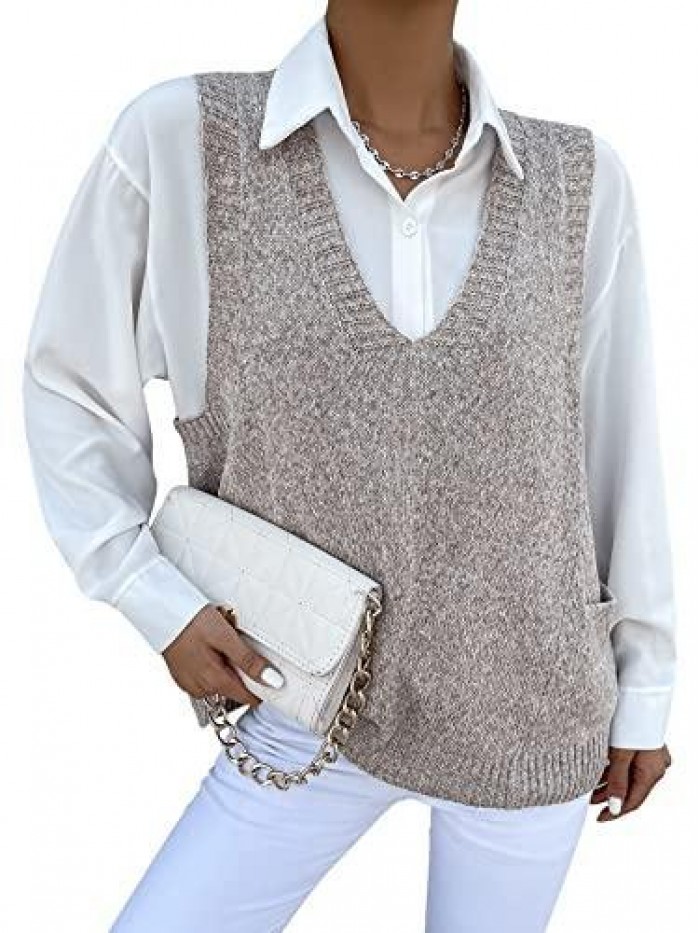 Women's V Neck Sleeveless Sweater Vests Dual Pocket Plain Knit Tops 