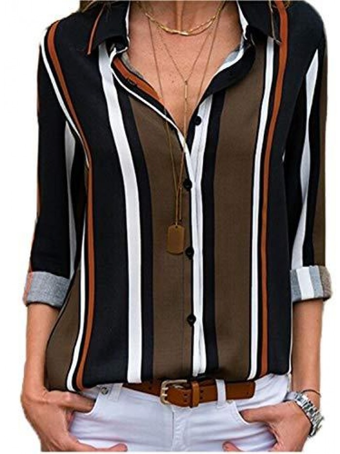 Womens V Neck Striped Roll up Sleeve Button Down Blouses Top 