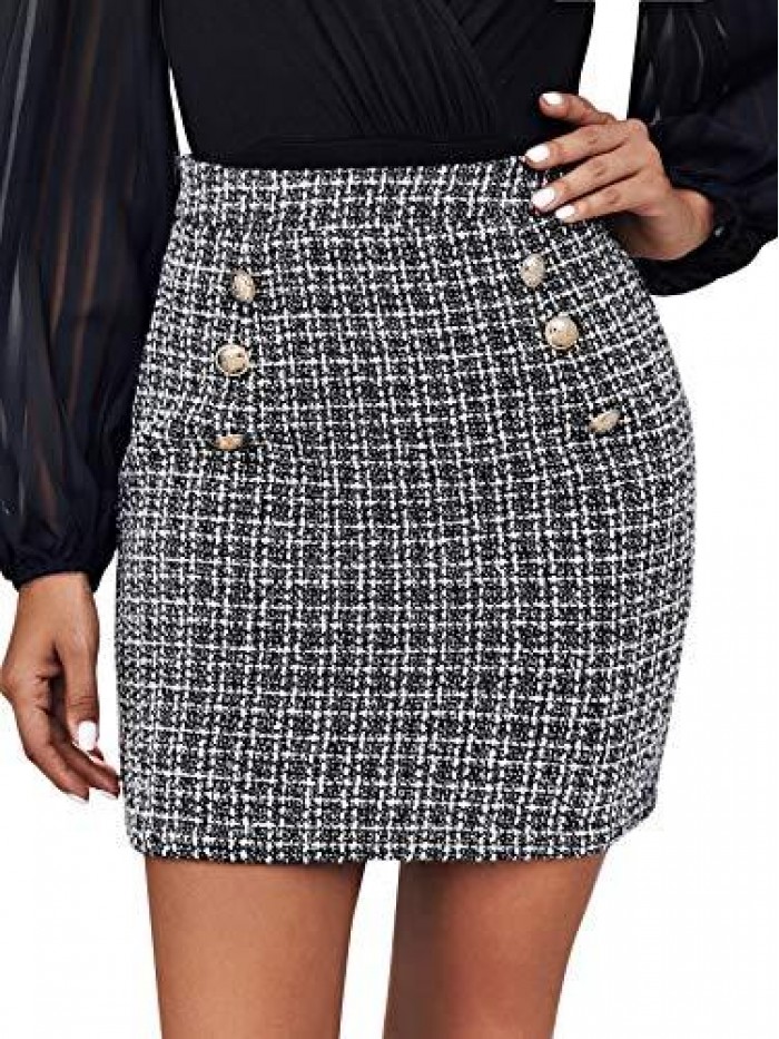 Women's Elegant High Waist A-line Plaid Tweed Mini Skirt 