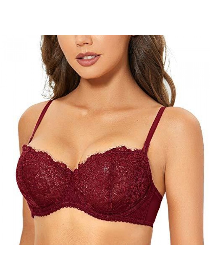 Women's Sexy Lace Push Up Plus Size Bra Sheer Balconette Underwire Unlined 