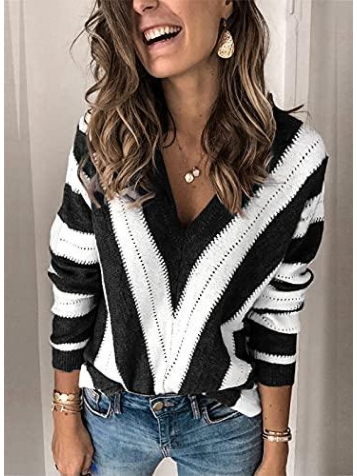 Womens Long Sleeve Deep V Neck Hand Knit Striped Sweater Tops Loose Pullover Sweaters 