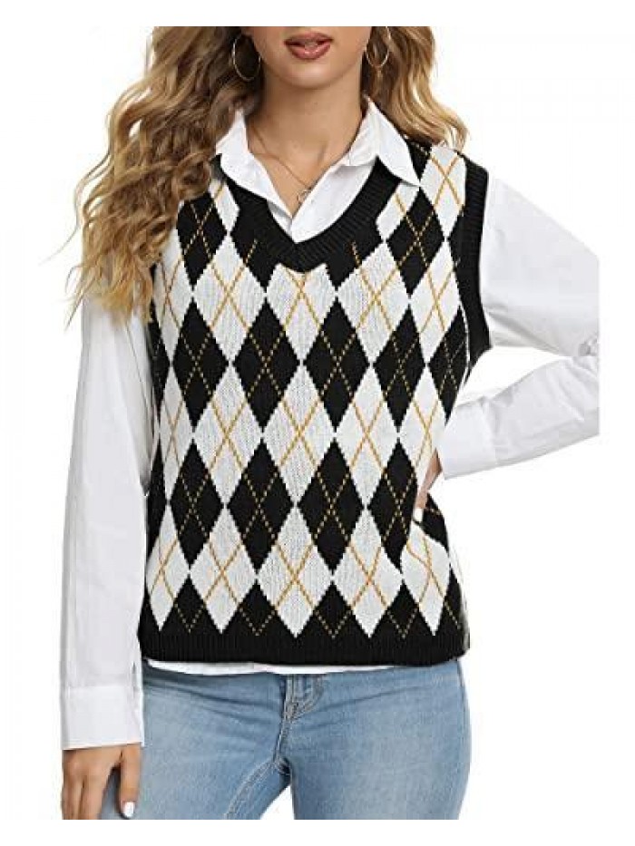 Women's V-Neck College Sweater Tank Top Sleeveless Cropped Argyle Check Knit Sweater Tunic 