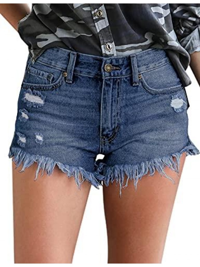 Women's Mid Rise Frayed Raw Hem Ripped Destroyed Denim Shorts Jeans 