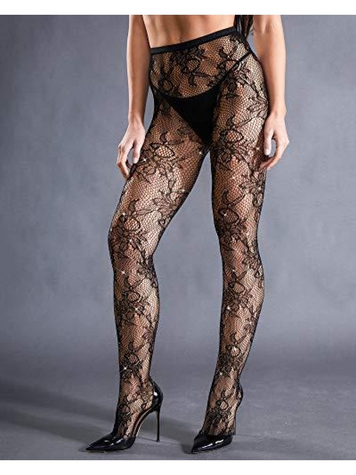 CHRLEISURE Women's Sparkle Rhinestone Fishnets Sexy Tights High Waist Stockings